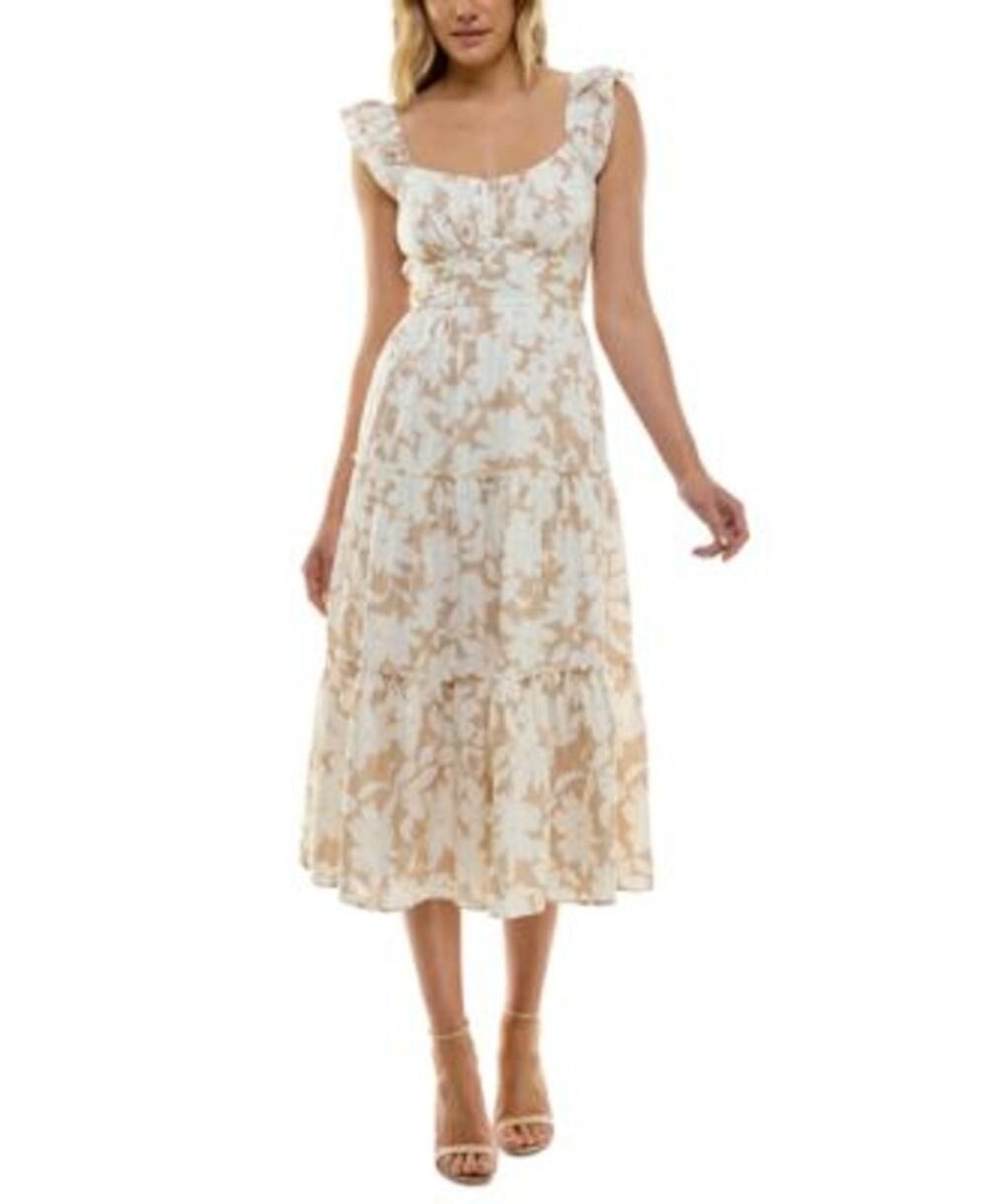 TRIXXI JUNIOR'S TIERED FLORAL RUFFLED-STRAP MIDI DRESS SIZE M